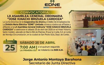 📣 ¡Atención afiliados de la Cooperativa EDNE Limitada!   Les comunicamos que estaremos realizando nuestra Asamblea General Ordinaria.
